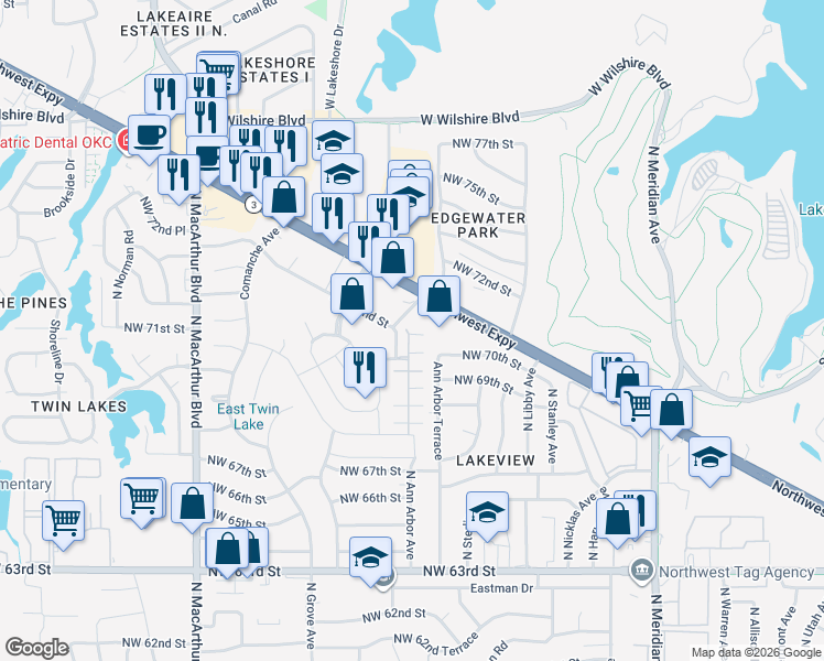 map of restaurants, bars, coffee shops, grocery stores, and more near 5550 Northwest 72nd Street in Warr Acres