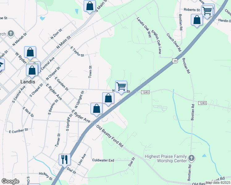map of restaurants, bars, coffee shops, grocery stores, and more near 412 North Beaver Street in Landis