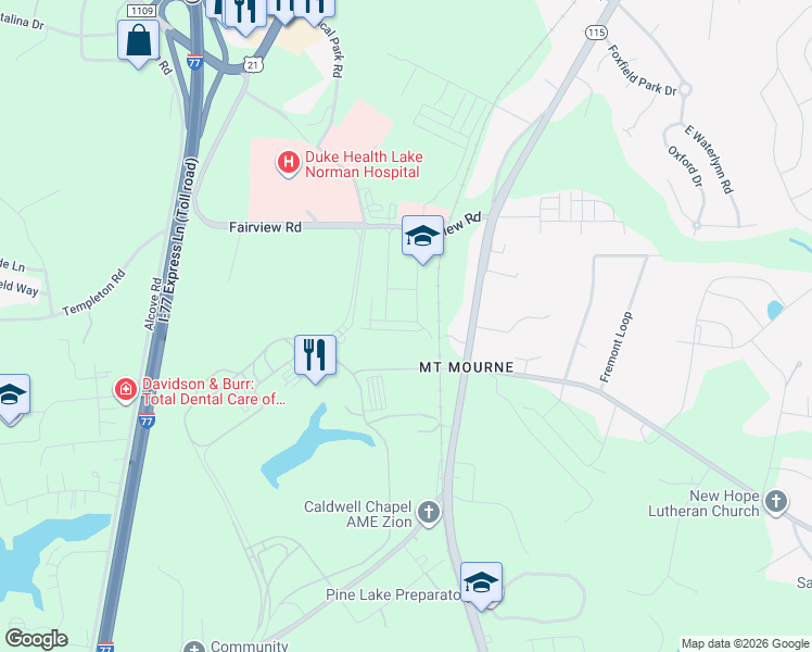 map of restaurants, bars, coffee shops, grocery stores, and more near 119 Steinbeck Way in Mooresville