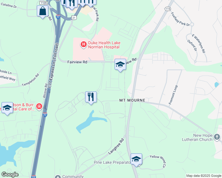 map of restaurants, bars, coffee shops, grocery stores, and more near 119 Steinbeck Way in Mooresville