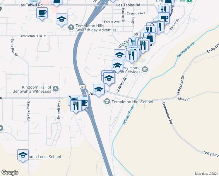 map of restaurants, bars, coffee shops, grocery stores, and more near 964 Old County Road in Templeton