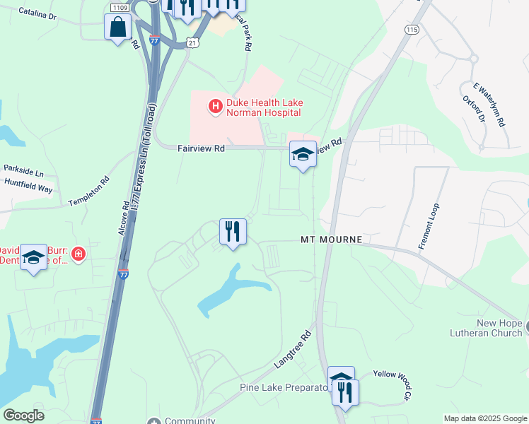 map of restaurants, bars, coffee shops, grocery stores, and more near 129 Steinbeck Way in Mooresville