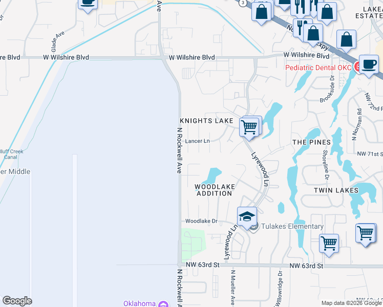 map of restaurants, bars, coffee shops, grocery stores, and more near 7137 Woodridge Avenue in Oklahoma City