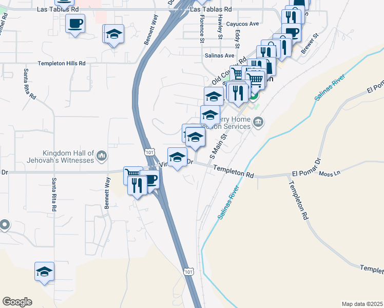map of restaurants, bars, coffee shops, grocery stores, and more near 964 Old County Road in Templeton