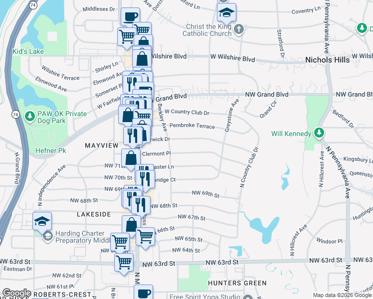 map of restaurants, bars, coffee shops, grocery stores, and more near 2740 Clermont Place in Oklahoma City