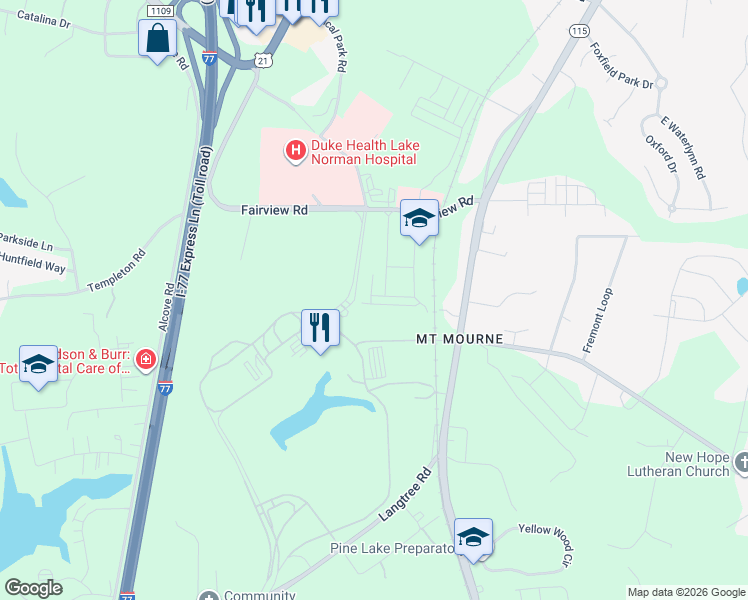 map of restaurants, bars, coffee shops, grocery stores, and more near 129 Steinbeck Way in Mooresville