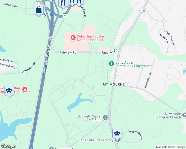 map of restaurants, bars, coffee shops, grocery stores, and more near 119 Steinbeck Way in Mooresville