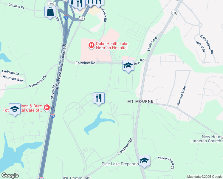 map of restaurants, bars, coffee shops, grocery stores, and more near 129 Steinbeck Way in Mooresville