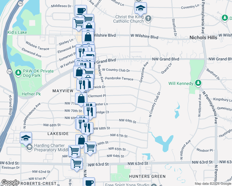 map of restaurants, bars, coffee shops, grocery stores, and more near 2740 Clermont Place in Oklahoma City