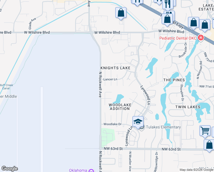 map of restaurants, bars, coffee shops, grocery stores, and more near 7137 Woodridge Avenue in Oklahoma City