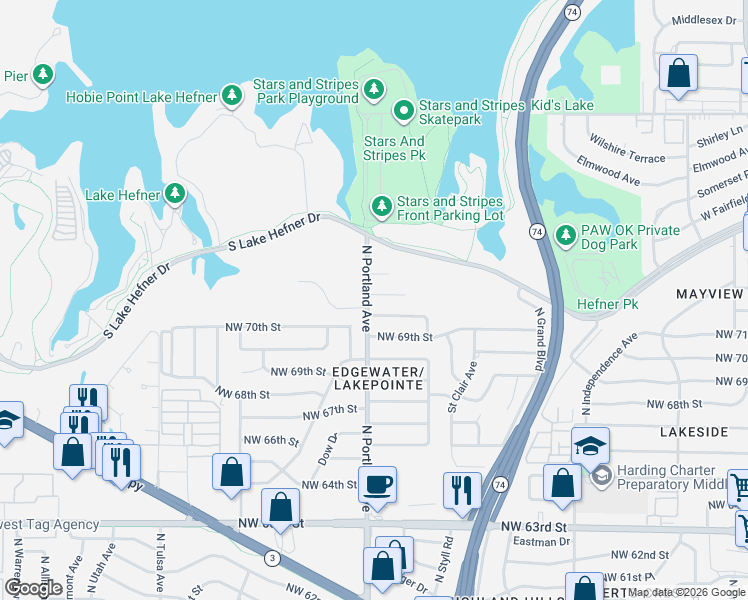 map of restaurants, bars, coffee shops, grocery stores, and more near 3628 Northwest 71st Street in Oklahoma City