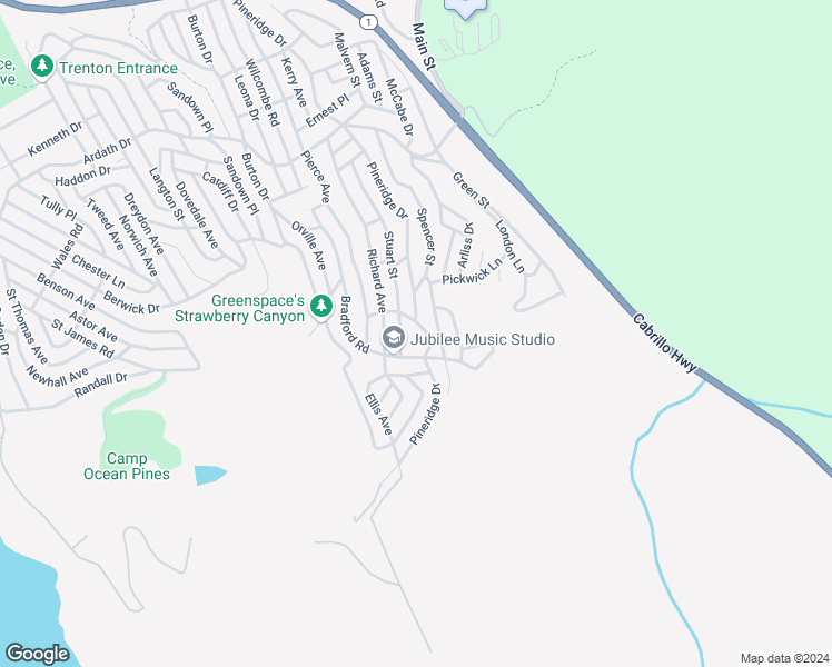 map of restaurants, bars, coffee shops, grocery stores, and more near Pineridge Drive in Cambria