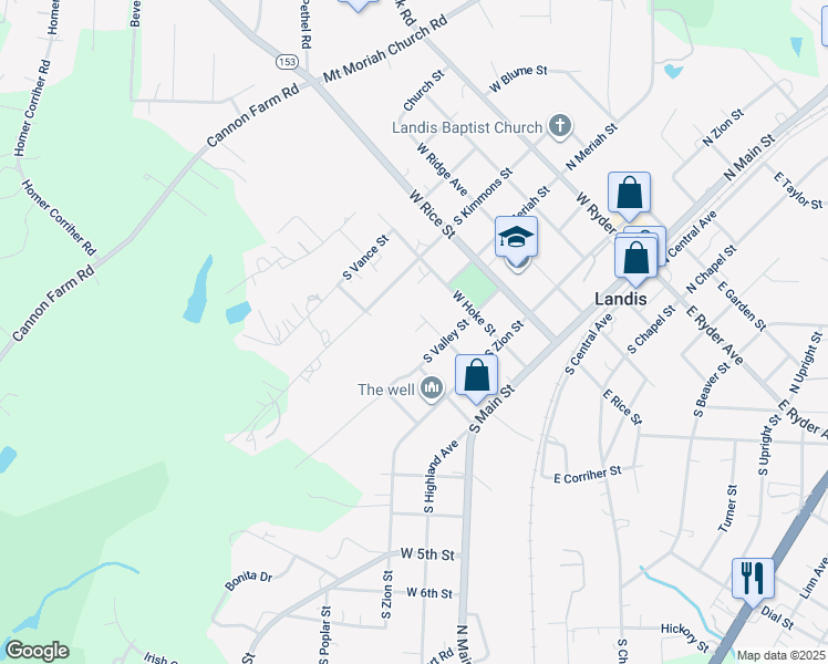 map of restaurants, bars, coffee shops, grocery stores, and more near 317 West Round Street in Landis