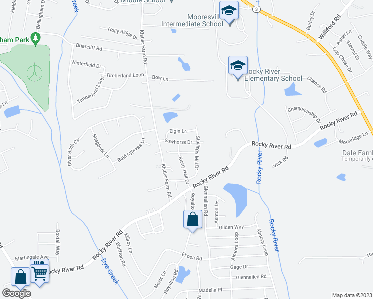 map of restaurants, bars, coffee shops, grocery stores, and more near 116 Dovetail Drive in Mooresville