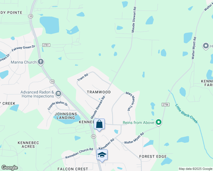 map of restaurants, bars, coffee shops, grocery stores, and more near 2980 Tram Road in Fuquay Varina