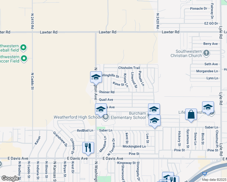 map of restaurants, bars, coffee shops, grocery stores, and more near 1409 Quail Avenue in Weatherford