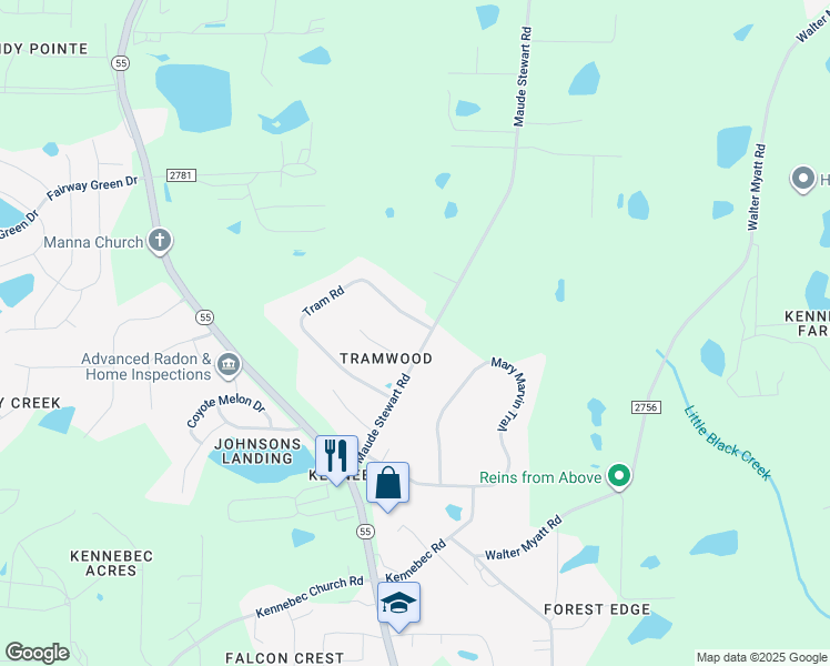 map of restaurants, bars, coffee shops, grocery stores, and more near 2980 Tram Road in Fuquay Varina
