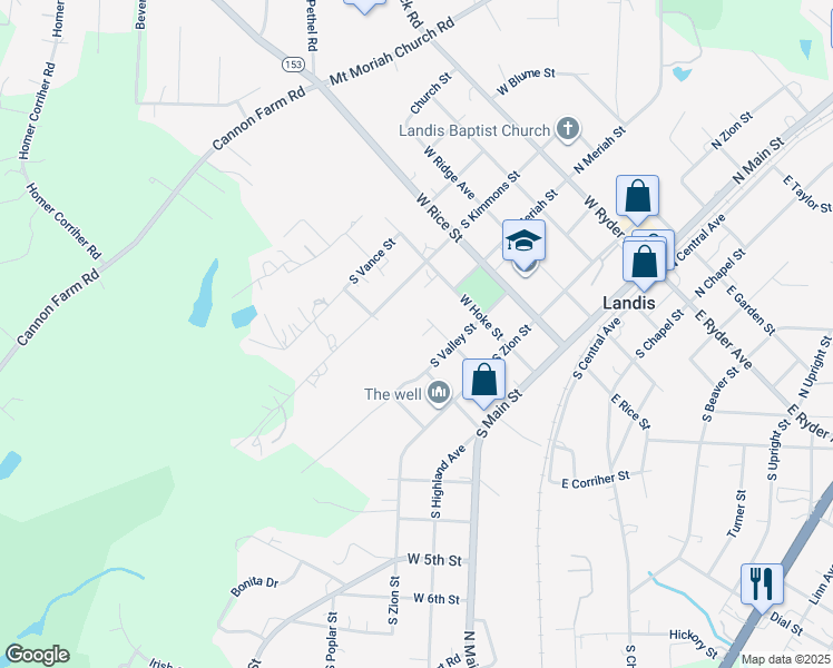 map of restaurants, bars, coffee shops, grocery stores, and more near 317 West Round Street in Landis