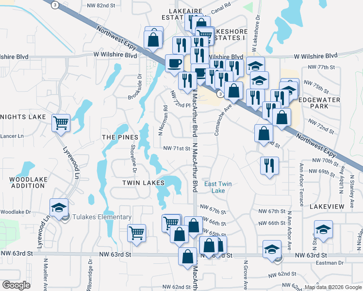 map of restaurants, bars, coffee shops, grocery stores, and more near 7009 Twin Lakes Circle in Warr Acres