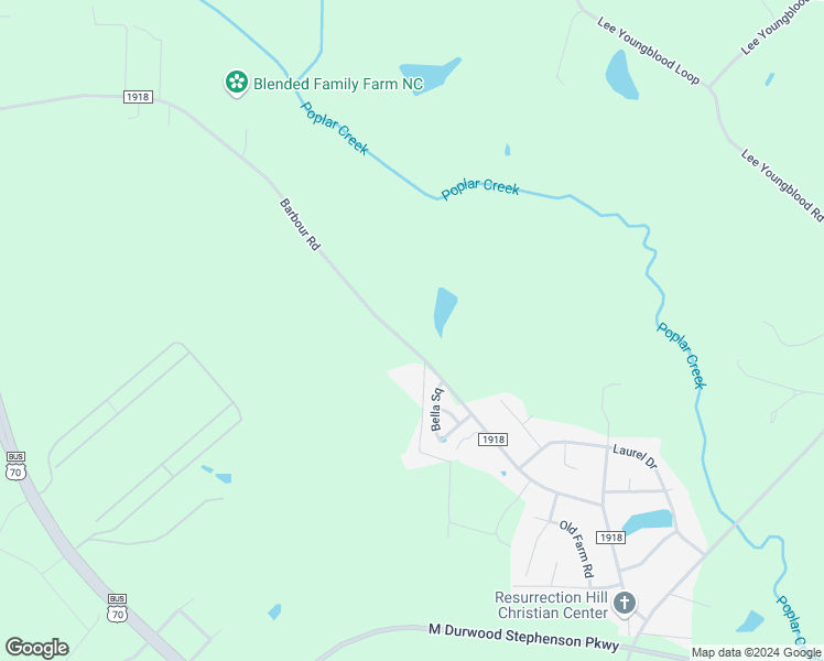 map of restaurants, bars, coffee shops, grocery stores, and more near Barbour Road in Smithfield