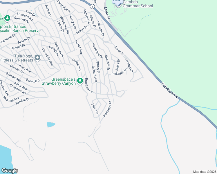 map of restaurants, bars, coffee shops, grocery stores, and more near 1550 Pineridge Drive in Cambria