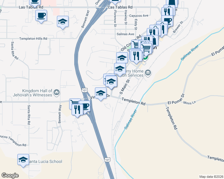 map of restaurants, bars, coffee shops, grocery stores, and more near 950 Old County Road in Templeton