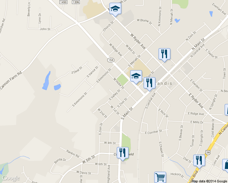 map of restaurants, bars, coffee shops, grocery stores, and more near 514 South Valley Street in Landis