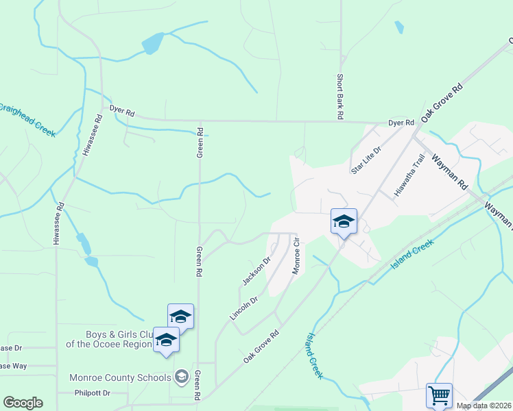 map of restaurants, bars, coffee shops, grocery stores, and more near 1943 Green Road in Madisonville