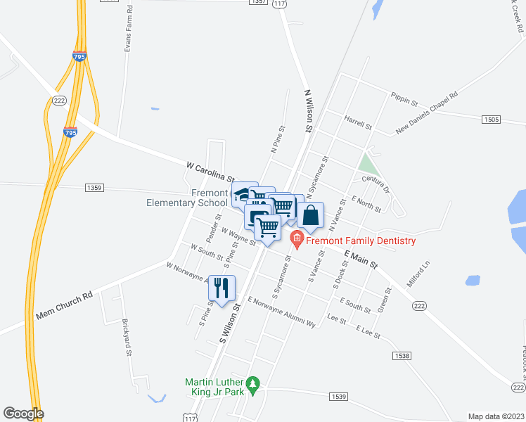 map of restaurants, bars, coffee shops, grocery stores, and more near 105 West Main Street in Fremont