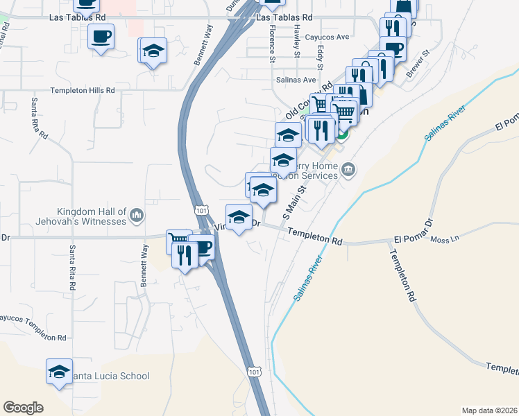 map of restaurants, bars, coffee shops, grocery stores, and more near 950 Old County Road in Templeton