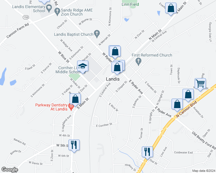 map of restaurants, bars, coffee shops, grocery stores, and more near 231 South Central Avenue in Landis