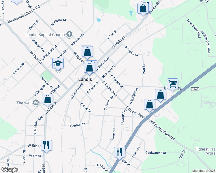 map of restaurants, bars, coffee shops, grocery stores, and more near 101 North Correll Street in Landis