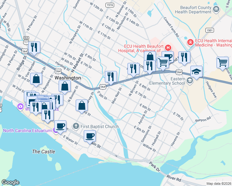map of restaurants, bars, coffee shops, grocery stores, and more near 607 John Small Avenue in Washington