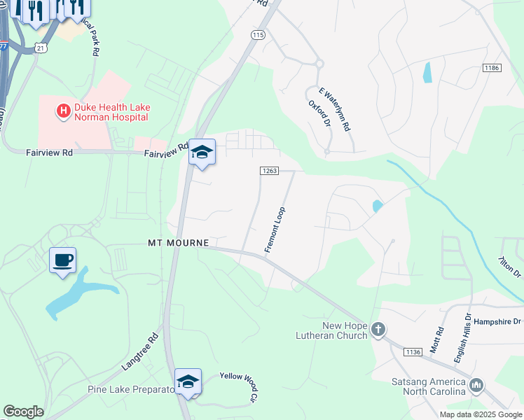 map of restaurants, bars, coffee shops, grocery stores, and more near Fremont Loop in Mooresville