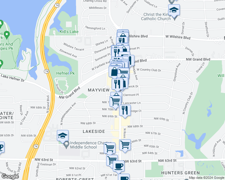 map of restaurants, bars, coffee shops, grocery stores, and more near 2918 Northwest 73rd Street in Oklahoma City