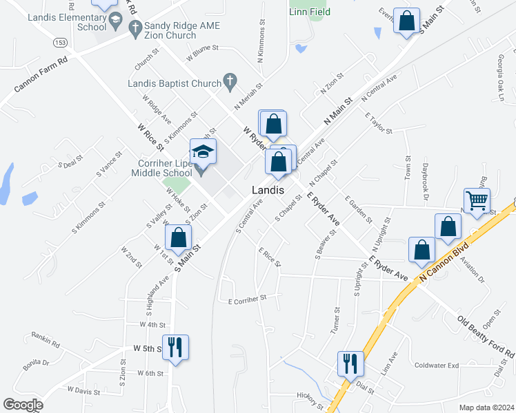 map of restaurants, bars, coffee shops, grocery stores, and more near 229 South Central Avenue in Landis