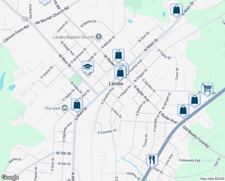 map of restaurants, bars, coffee shops, grocery stores, and more near in Landis