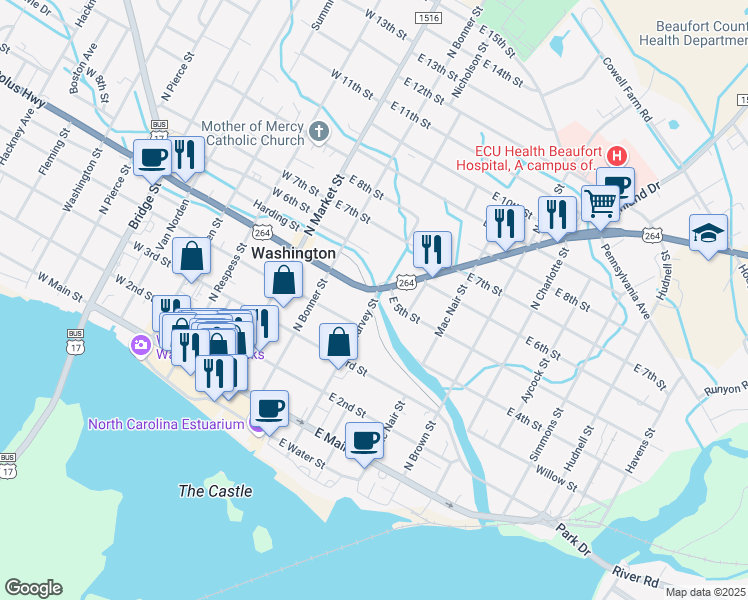 map of restaurants, bars, coffee shops, grocery stores, and more near 511 North Harvey Street in Washington