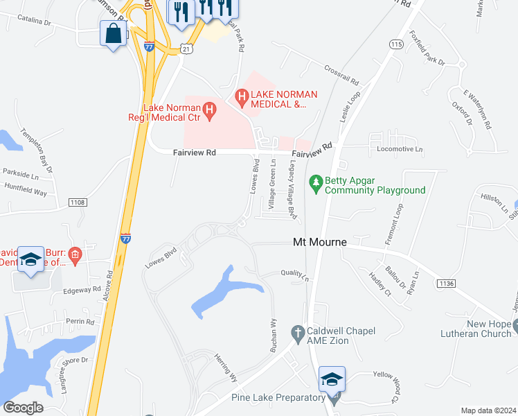 map of restaurants, bars, coffee shops, grocery stores, and more near 129 Irving Avenue in Mooresville
