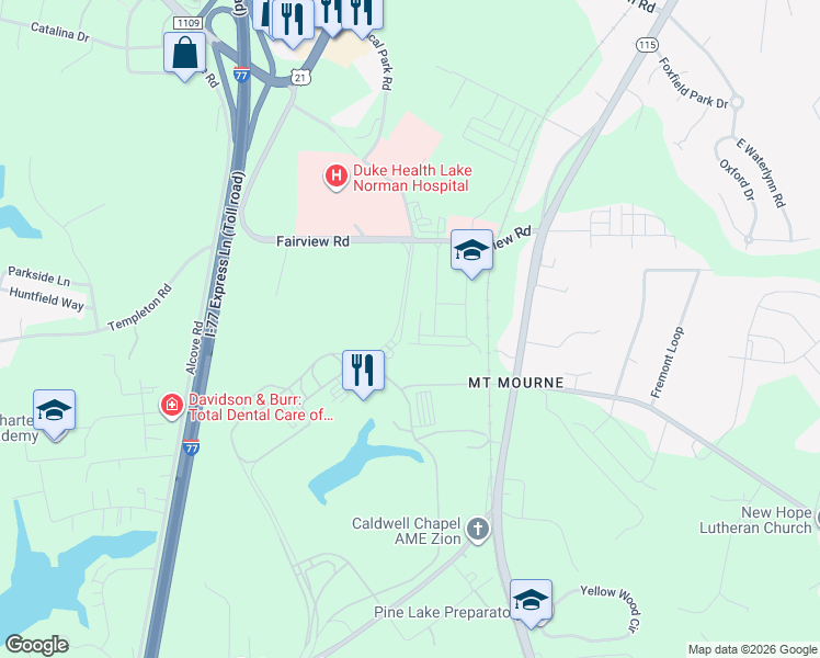 map of restaurants, bars, coffee shops, grocery stores, and more near 129 Irving Avenue in Mooresville