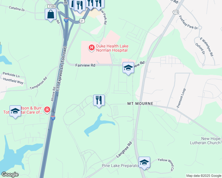 map of restaurants, bars, coffee shops, grocery stores, and more near 129 Irving Avenue in Mooresville