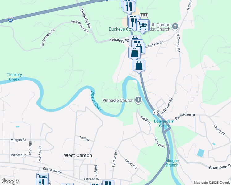 map of restaurants, bars, coffee shops, grocery stores, and more near 415 Pigeon Ford Road in Canton