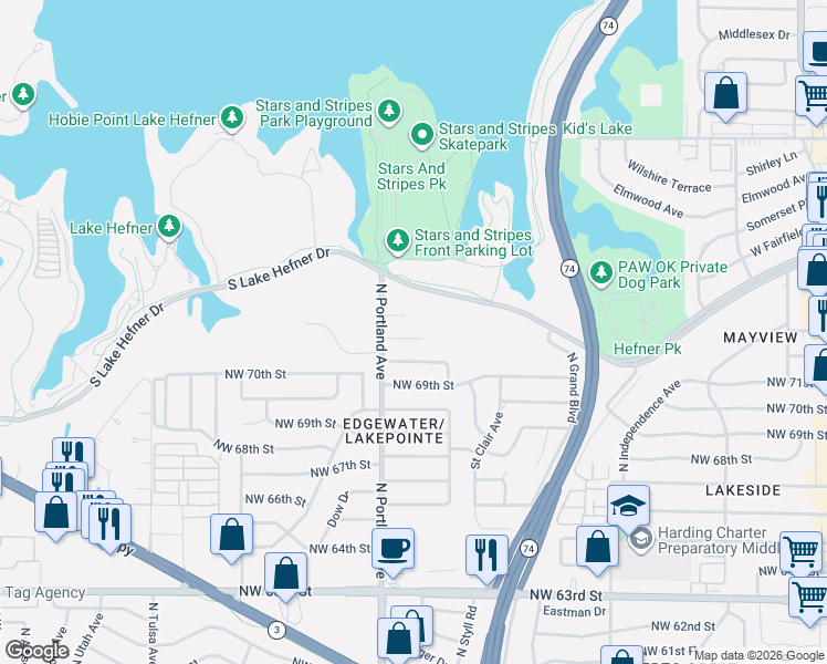 map of restaurants, bars, coffee shops, grocery stores, and more near 3601a Northwest 72nd Street in Oklahoma City