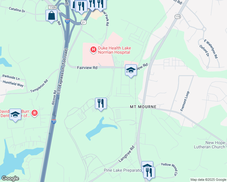 map of restaurants, bars, coffee shops, grocery stores, and more near 128 Steinbeck Way in Mooresville