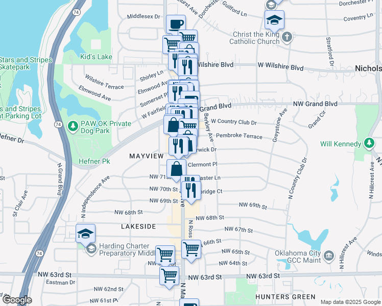 map of restaurants, bars, coffee shops, grocery stores, and more near 2832 Warwick Drive in Oklahoma City