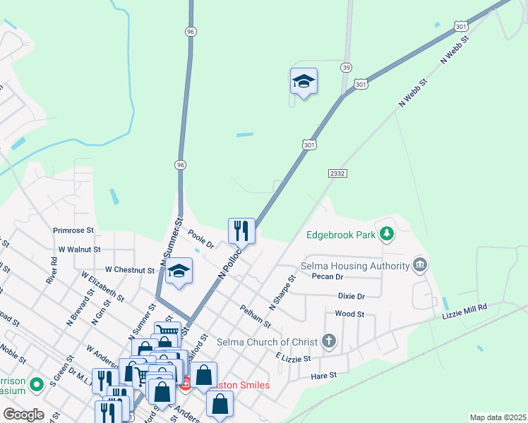 map of restaurants, bars, coffee shops, grocery stores, and more near 1005 North Pollock Street in Selma