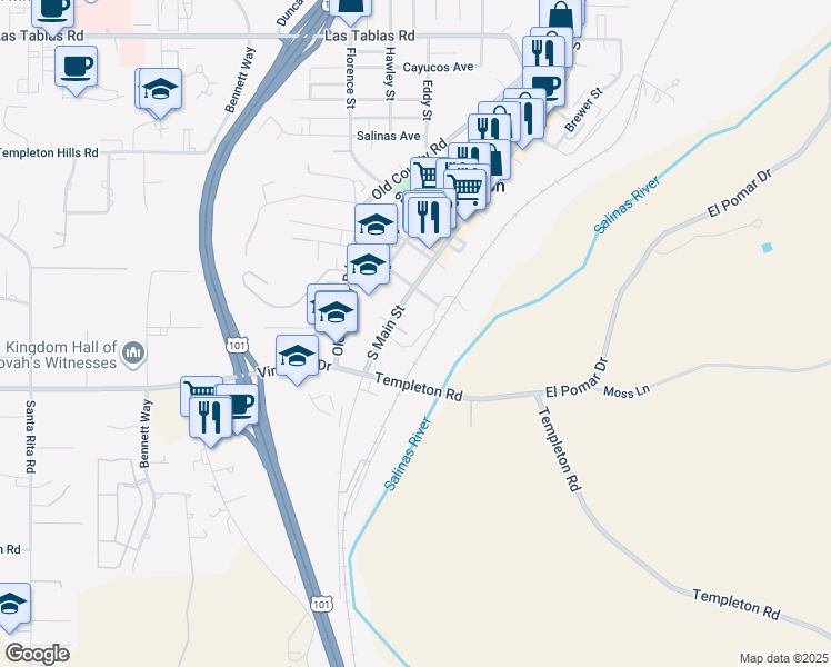 map of restaurants, bars, coffee shops, grocery stores, and more near 15 Corrietta Court in Templeton