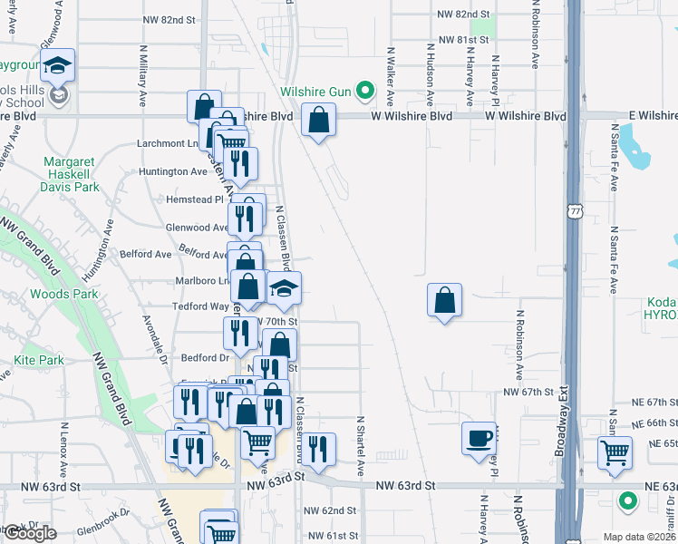 map of restaurants, bars, coffee shops, grocery stores, and more near 808 Northwest 72nd Street in Oklahoma City