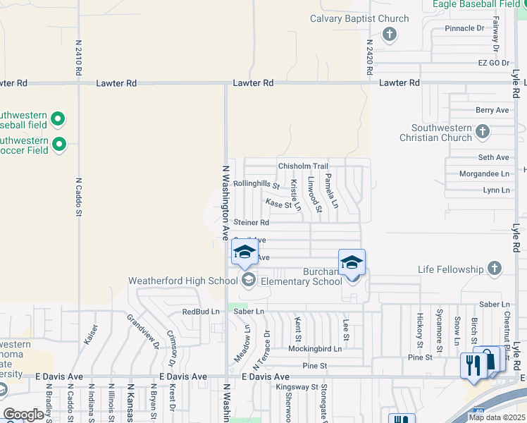 map of restaurants, bars, coffee shops, grocery stores, and more near 1819 Suzanne Drive in Weatherford