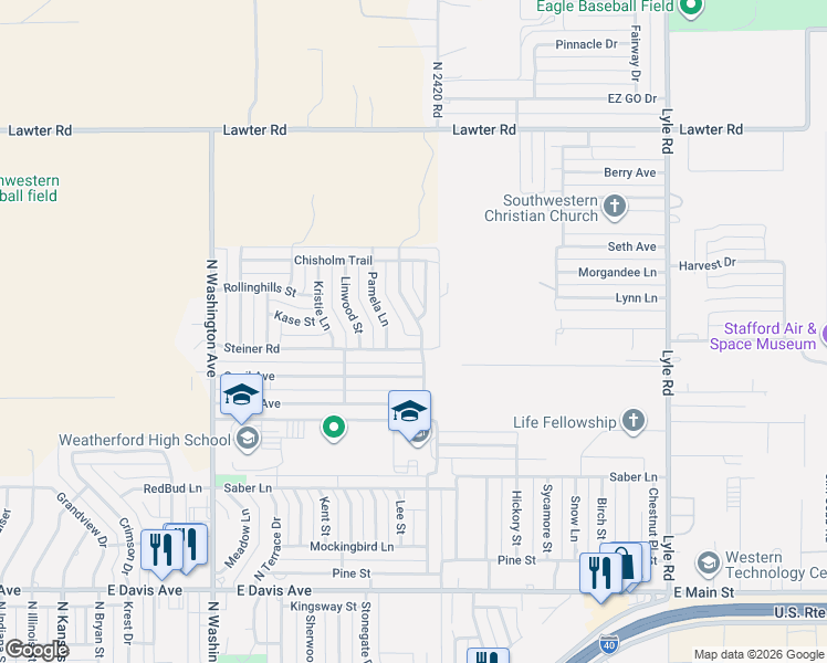 map of restaurants, bars, coffee shops, grocery stores, and more near 1809 Lark Street in Weatherford
